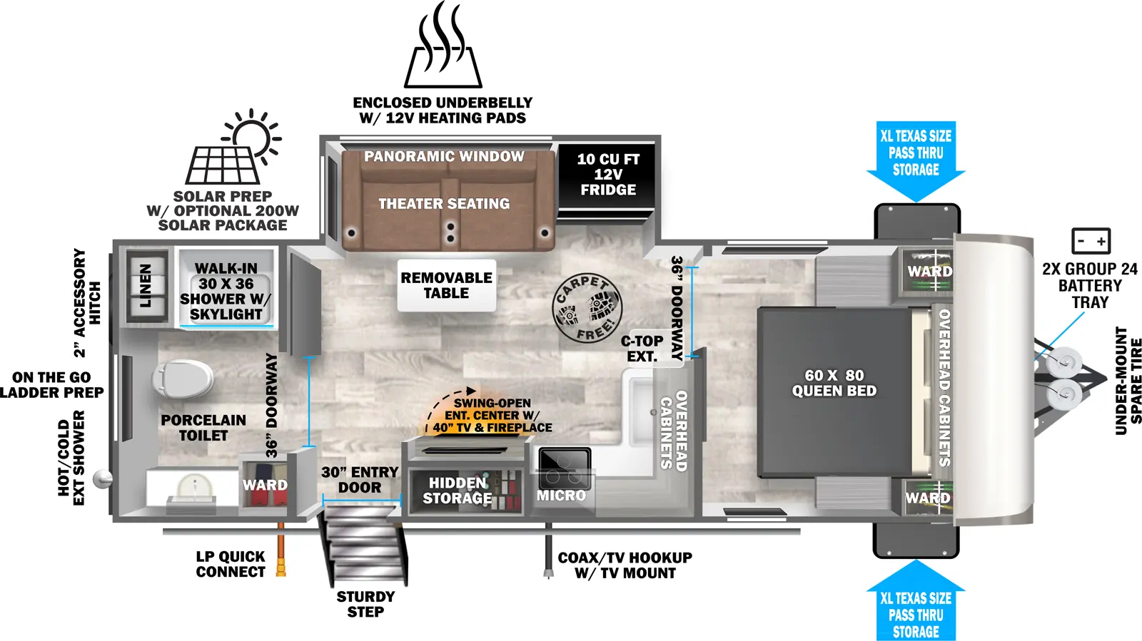 The Heritage Glen Travel Trailers 22RBHL floorplan has one entry and one slide out. Exterior features include: fiberglass exterior. Interiors features include: front bedroom and rear bathroom.